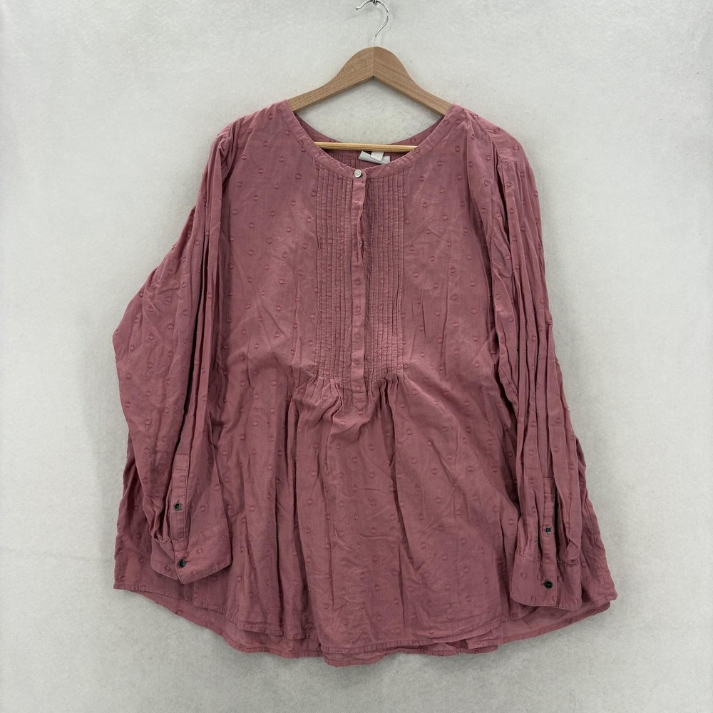 J Jill Blouse Womens 2X Plus Pink Polka Dot Scoop Neck Long Sleeve Tunic Cotton